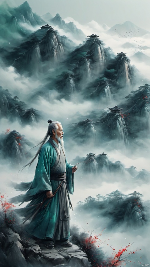  chinese waterink,monochrome,a chinese old male with long gray facial hair,floating gray hair,standing on mountaintop,stargazing ,from side,far away,epic film,wearing cyan floating hanfu,chinese classical house and green and red mountain and sky background,hyperrealism,ultra high res,4K,Best quality,masterpiece,ananmo