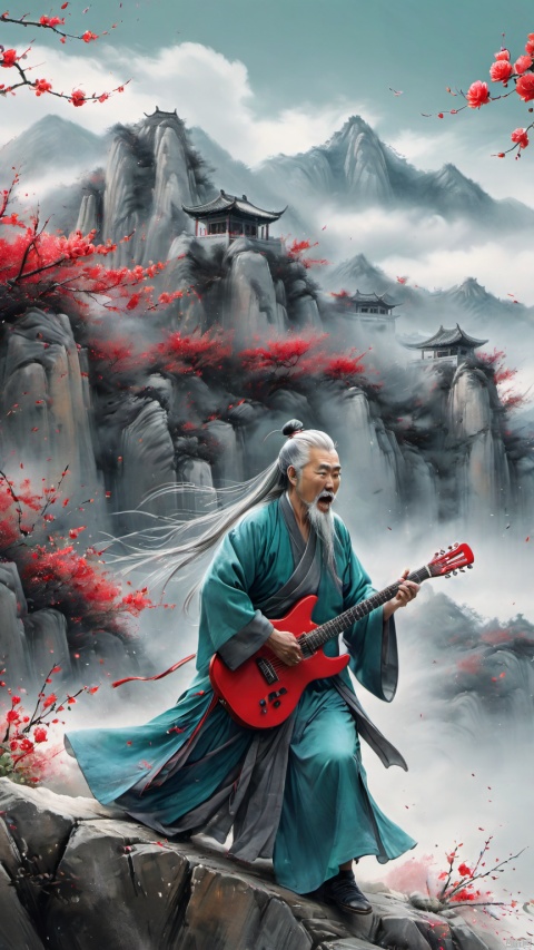 chinese waterink,monochrome,a chinese old male with long gray facial hair,opened clothes,playing red electric guitar,crazy shouting,detailed face,standing on rock stage,wearing cyan hanfu,floating gray hair,bent over,from side,chinese classical house and green mountain and red flowers and sky  background,hyperrealism,ultra high res,4K,Best quality,masterpiece,ananmo