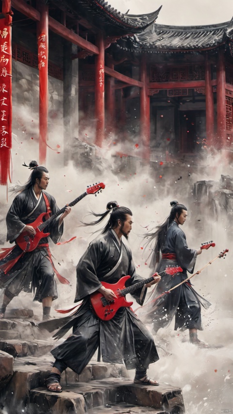  chinese waterink,monochrome,close up of rock band,3 chinese muscular males with long facial hair,bare arms,bare_shoulders , opened clothes,playing red electric guitar,crazy shouting,upper body,standing on wood stage,wearing hanfu,floating hair,bent over,from below,chinese classical house background,hyperrealism,ultra high res,4K,Best quality,masterpiece,ananmo