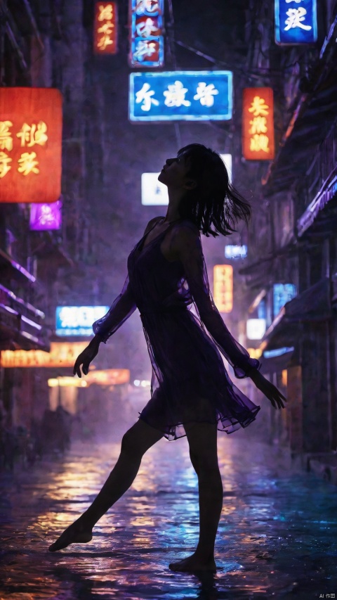 silhouette of a lonely chinese girl dancing ,rise arms,floating hair, brown silk short nightgown,purple and blue neon lights  , very dark bedroom background,ethereal atmosphere, evocative hues, captivating coloration, dramatic lighting, masterpiece, best quality, epic cinematic, amazing, hyper detailed,  Ray tracing, strong contrast,
