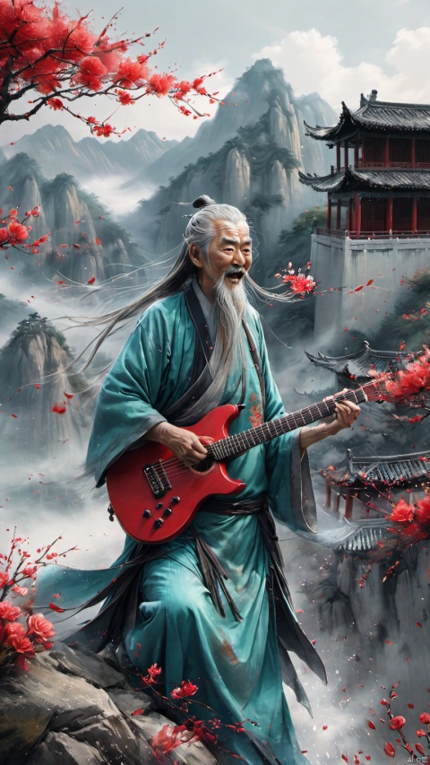 chinese waterink,monochrome,a chinese old male with long gray facial hair,playing red ((electric)) guitar,crazy shouting,detailed face,,colse up of face,(((upper body))),wearing cyan hanfu,floating gray hair,bent over,(((looking_at_viewer))),chinese classical house and green mountain and red flowers and sky  background,hyperrealism,ultra high res,4K,Best quality,masterpiece,ananmo