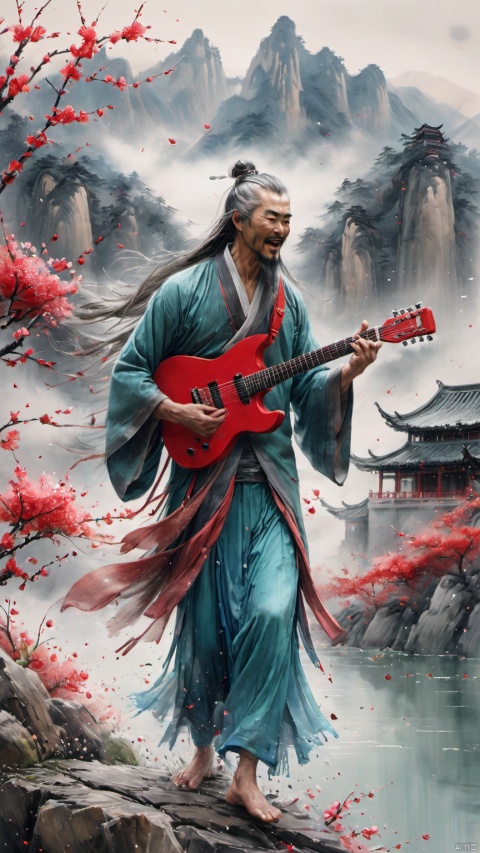 chinese waterink,monochrome,a wild chinese male with long facial hair,playing a red electric guitar,crazy shouting,upper body,floating gray hair,bare muscular arms,bare_shoulders , wearing cyan floating hanfu,opened clothes,from below,standing on wood stage,chinese classical house and green mountain and red flowers and sky  background,hyperrealism,ultra high res,4K,Best quality,masterpiece,ananmo