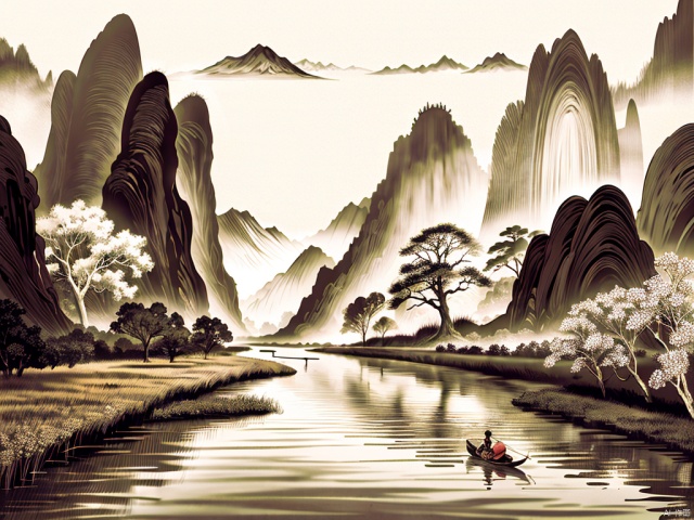 a chinese boy ridding a cow,river,mountains,reeds,masterpiece, best quality