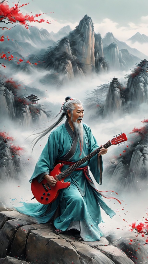 chinese waterink,monochrome,a strong chinese old male with long gray facial hair,opened clothes,playing red ((electric)) guitar,crazy shouting,detailed face,standing on rock stage,wearing cyan hanfu,floating gray hair,bent over,from side,chinese classical house and green and red mountain and sky  background,hyperrealism,ultra high res,4K,Best quality,masterpiece,ananmo