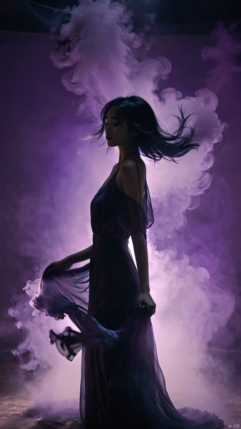 silhouette of a lonely chinese girl made of dark smoke,dancing,rise arms,floating hair, brown silk short night_gown,purple and blue neon lights  , very dark bedroom background,ethereal atmosphere, evocative hues, captivating coloration, dramatic lighting, masterpiece, best quality, epic cinematic, amazing, hyper detailed,  Ray tracing, strong contrast, bailing_darkness,a girl made of black smoke,skeletons made of black smoke by the 1 group