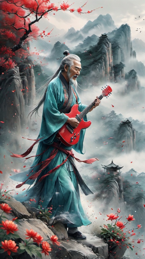 chinese waterink,monochrome,a chinese old male with long gray facial hair,opened clothes,playing red electric guitar,crazy shouting,detailed face,standing on rock stage,wearing cyan hanfu,floating gray hair,bent over,from side,chinese classical house and green mountain and red flowers and sky  background,hyperrealism,ultra high res,4K,Best quality,masterpiece,ananmo