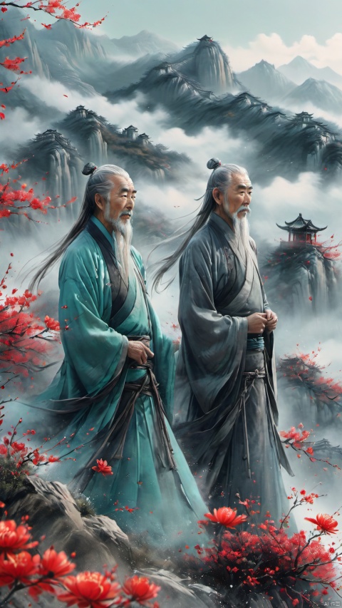  chinese waterink,monochrome,2 chinese old males with long gray facial hair,floating gray hair,standing on mountaintop,close up,wearing cyan floating hanfu,chinese classical house and green mountain and red flowers and sky background,hyperrealism,ultra high res,4K,Best quality,masterpiece,ananmo