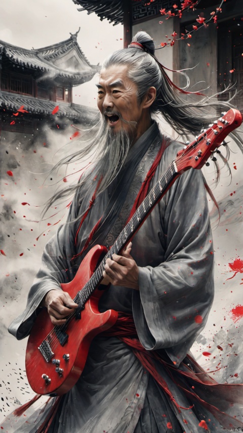  chinese waterink,monochrome,a chinese old male with long gray facial hair,playing a red electric guitar,crazy shouting,floating gray hair,undercut,close up of head,wearing hanfu,from below,looking_at_viewer,chinese classical house background,hyperrealism,ultra high res,4K,Best quality,masterpiece,ananmo
