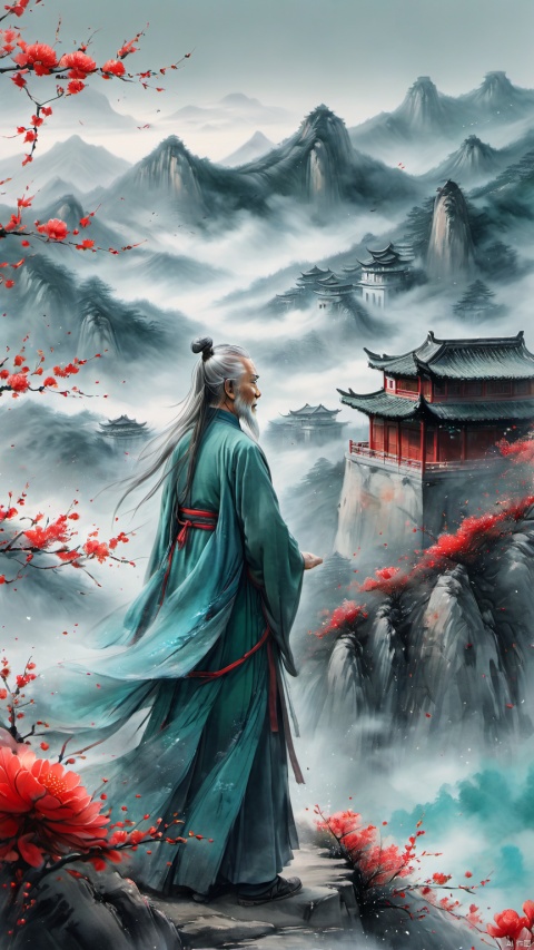  chinese waterink,monochrome,a chinese old male with long gray facial hair,floating gray hair,standing on mountaintop,stargazing ,from side,wearing cyan floating hanfu,chinese classical house and green mountain and red flowers and sky background,hyperrealism,ultra high res,4K,Best quality,masterpiece,ananmo