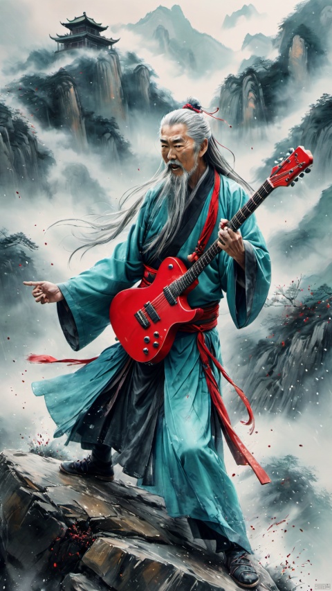 chinese waterink,monochrome,a strong chinese old male with long gray facial hair,playing red ((electric)) guitar,crazy shouting,detailed face,standing on rock stage,wearing cyan hanfu,floating gray hair,bent over,looking_at_viewer,upper_body ,chinese classical house and green and red mountain and sky  background,hyperrealism,ultra high res,4K,Best quality,masterpiece,ananmo