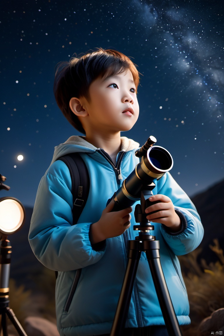  a chinese little boy,curious,surprised,happy,detailed face and eyes, watching the starry sky by a portable astronomical telescope ,full body,from_below, Glowing ambiance, enchanting radiance, luminous lighting, ethereal atmosphere, evocative hues, captivating coloration, dramatic lighting, enchanting aura, masterpiece, best quality, epic cinematic, soft nature lights, rim light, amazing, hyper detailed, ultra realistic, soft colors, photorealistic, Ray tracing, Cinematic Light, light source contrast