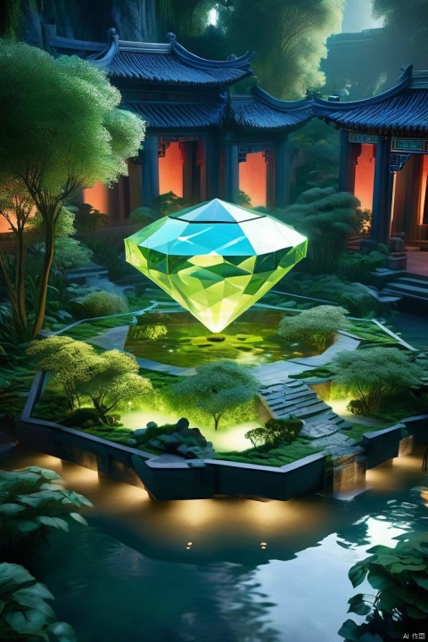 (((A diamond shaped island suspended in the air))), covered in plants and Chinese style courtyard and pond , with vines and waterfalls descending from the island to the sky below, overlooking,from above,morning,spring, Glowing ambiance, enchanting radiance, luminous lighting, ethereal atmosphere, evocative hues, captivating coloration, dramatic lighting, enchanting aura, masterpiece, best quality, epic cinematic, soft nature lights, rim light, amazing, hyper detailed, ultra realistic, soft colors, photorealistic, Ray tracing, Cinematic Light, light source contrast, jingjing