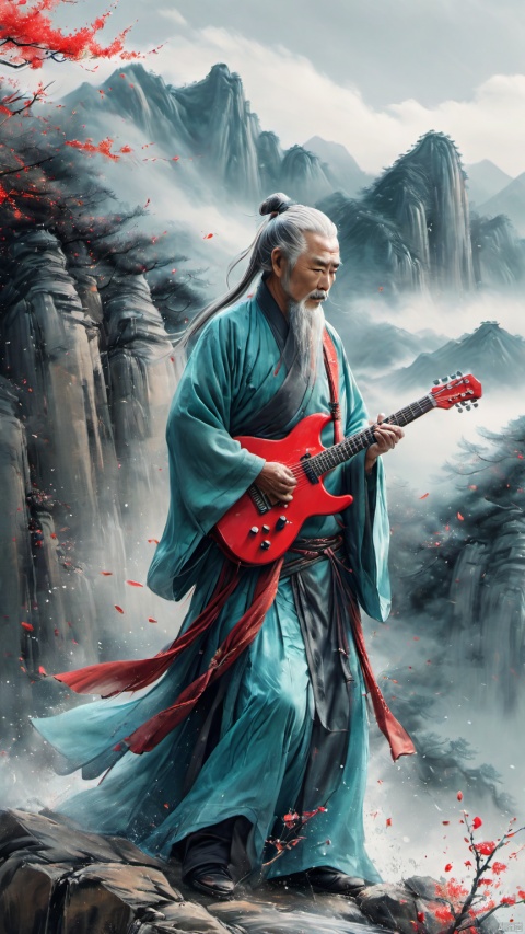 chinese waterink,monochrome,a strong chinese old male with long gray facial hair,playing a red ((electric)) guitar,crazy,standing on rock stage,wearing cyan hanfu,floating gray hair,from side,close up,upper body,chinese classical house and green and red mountain and sky  background,hyperrealism,ultra high res,4K,Best quality,masterpiece,ananmo