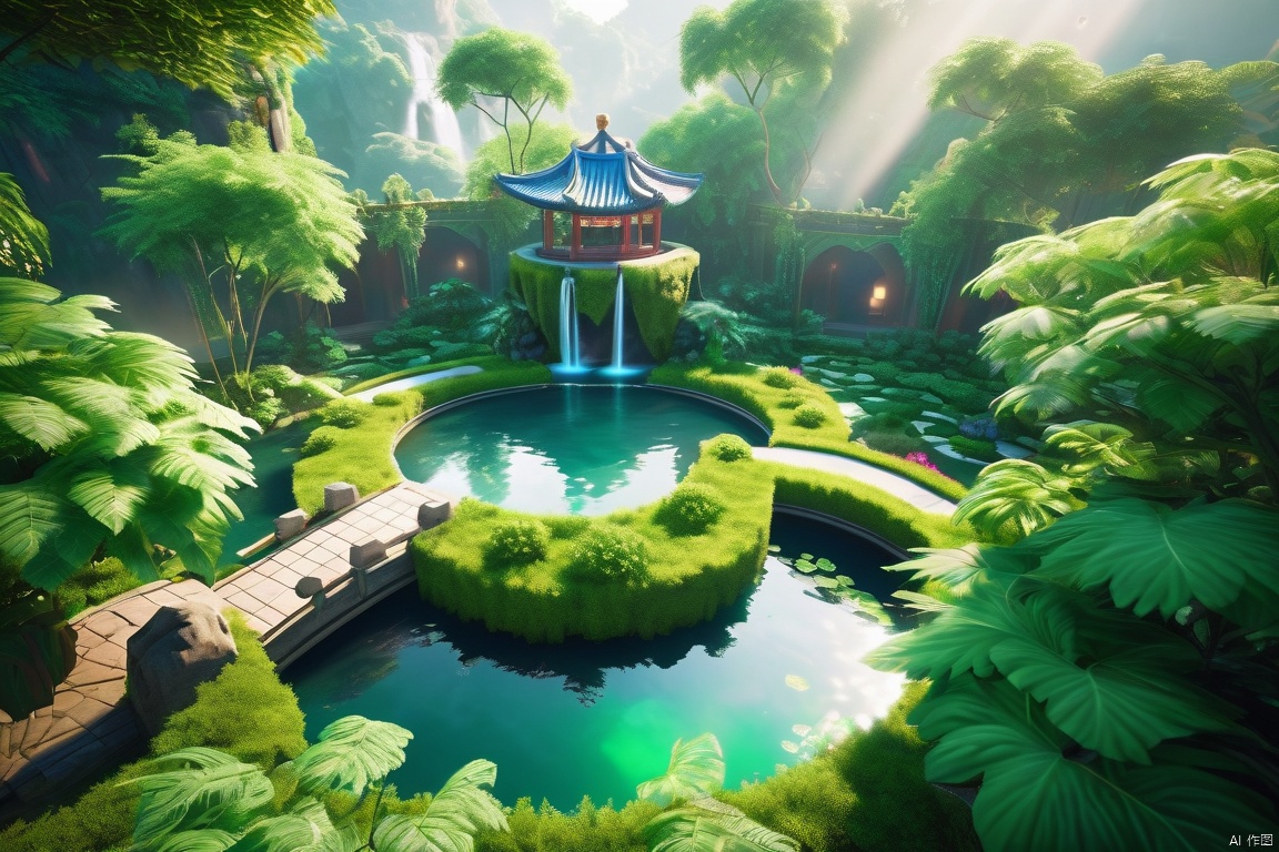A diamond shaped island with Chinese style courtyard and pond suspended in the air, covered in green plants, with vines and waterfalls descending from the island to the sky below, overlooking,from above,morning, Glowing ambiance, enchanting radiance, luminous lighting, ethereal atmosphere, evocative hues, captivating coloration, dramatic lighting, enchanting aura, masterpiece, best quality, epic cinematic, soft nature lights, rim light, amazing, hyper detailed, ultra realistic, soft colors, photorealistic, Ray tracing, Cinematic Light, light source contrast,