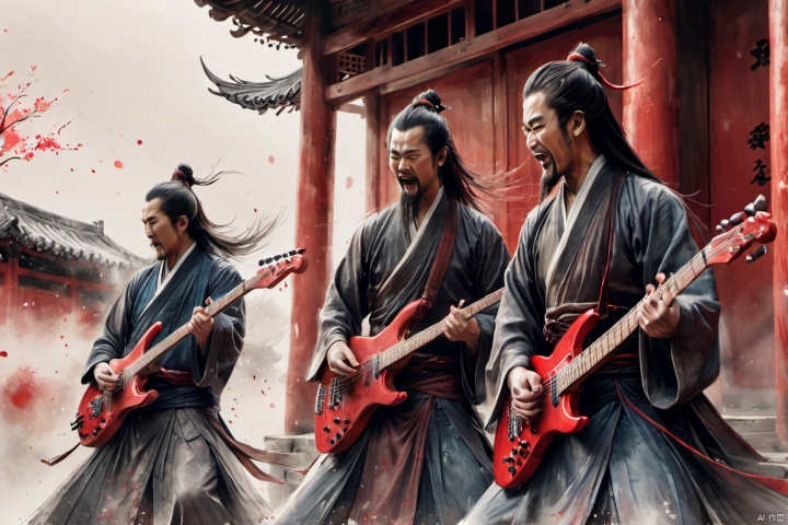  chinese waterink,monochrome,close up of rock band,3 chinese muscular males with long facial hair,bare arms,playing red electric guitar,crazy shouting,upper body,standing on wood stage,wearing hanfu,floating hair,bent over,from below,chinese classical house background,hyperrealism,ultra high res,4K,Best quality,masterpiece,ananmo