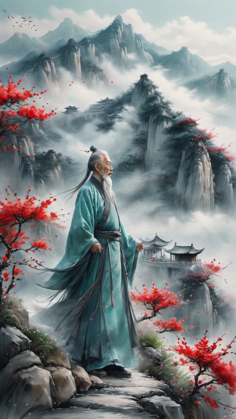 chinese waterink,monochrome,a chinese old male with long gray facial hair,floating gray hair,standing on mountaintop,close up,wearing cyan floating hanfu,from below,chinese classical house and green mountain and red flowers and sky background,hyperrealism,ultra high res,4K,Best quality,masterpiece,ananmo