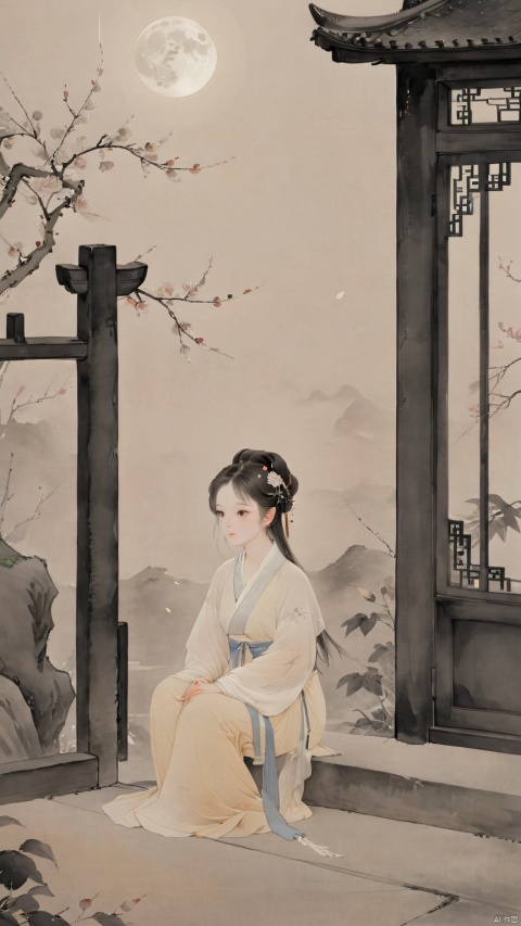 1 chinese girl sitting at steps of door, looking at moon in the sky, black eyes,wearing hanfu,gloom (expression) ,from below,detailed face,chinese ancient house background,petals and leaves on ground,cool tone,night, ethereal atmosphere, evocative hues, captivating coloration, dramatic lighting, enchanting aura, masterpiece, best quality, epic cinematic, soft nature lights, rim light, amazing, hyper detailed, ultra realistic, soft colors, photorealistic, Ray tracing, Cinematic Light, light source contrast, traditional chinese ink painting,black and white ink painting,willow branches