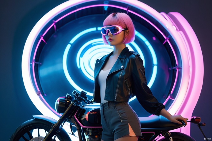 1girl wearing a gray black mech, wearing pink frameless goggles and short pink hair, (standing on a huge CPU fan:1.5), with a motorcycle beside her, a blue glowing ball floating beside her. The dark background is a circuit board that forms a glowing door, in a sci-fi style, Glowing ambiance, enchanting radiance, luminous lighting, ethereal atmosphere, evocative hues, captivating coloration, dramatic lighting, enchanting aura, masterpiece, best quality, epic cinematic, soft nature lights, rim light, amazing, hyper detailed, ultra realistic, soft colors, photorealistic, Ray tracing, Cinematic Light, light source contrast,