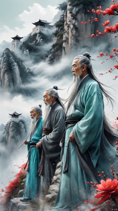  chinese waterink,monochrome,3 chinese old males with long gray facial hair,floating gray hair,standing on mountaintop,close up,wearing cyan floating hanfu,from below,chinese classical house and green mountain and red flowers and sky background,hyperrealism,ultra high res,4K,Best quality,masterpiece,ananmo
