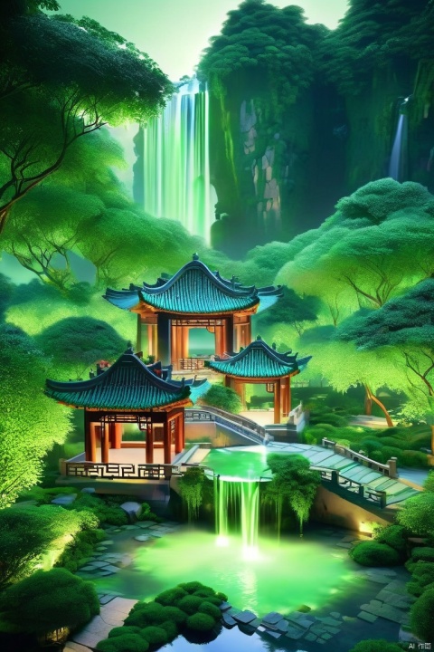 A diamond shaped island with Chinese style courtyard and pond (((suspended in the air))), covered in green plants, with vines and waterfalls descending from the island to the sky below, overlooking,from above,morning, Glowing ambiance, enchanting radiance, luminous lighting, ethereal atmosphere, evocative hues, captivating coloration, dramatic lighting, enchanting aura, masterpiece, best quality, epic cinematic, soft nature lights, rim light, amazing, hyper detailed, ultra realistic, soft colors, photorealistic, Ray tracing, Cinematic Light, light source contrast, jingjing