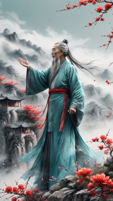  chinese waterink,monochrome,a chinese old male with long gray facial hair,floating gray hair,standing on mountaintop,close up,wearing cyan floating hanfu,hands up,hugging world,from side,chinese classical house and green mountain and red flowers and sky background,hyperrealism,ultra high res,4K,Best quality,masterpiece,ananmo