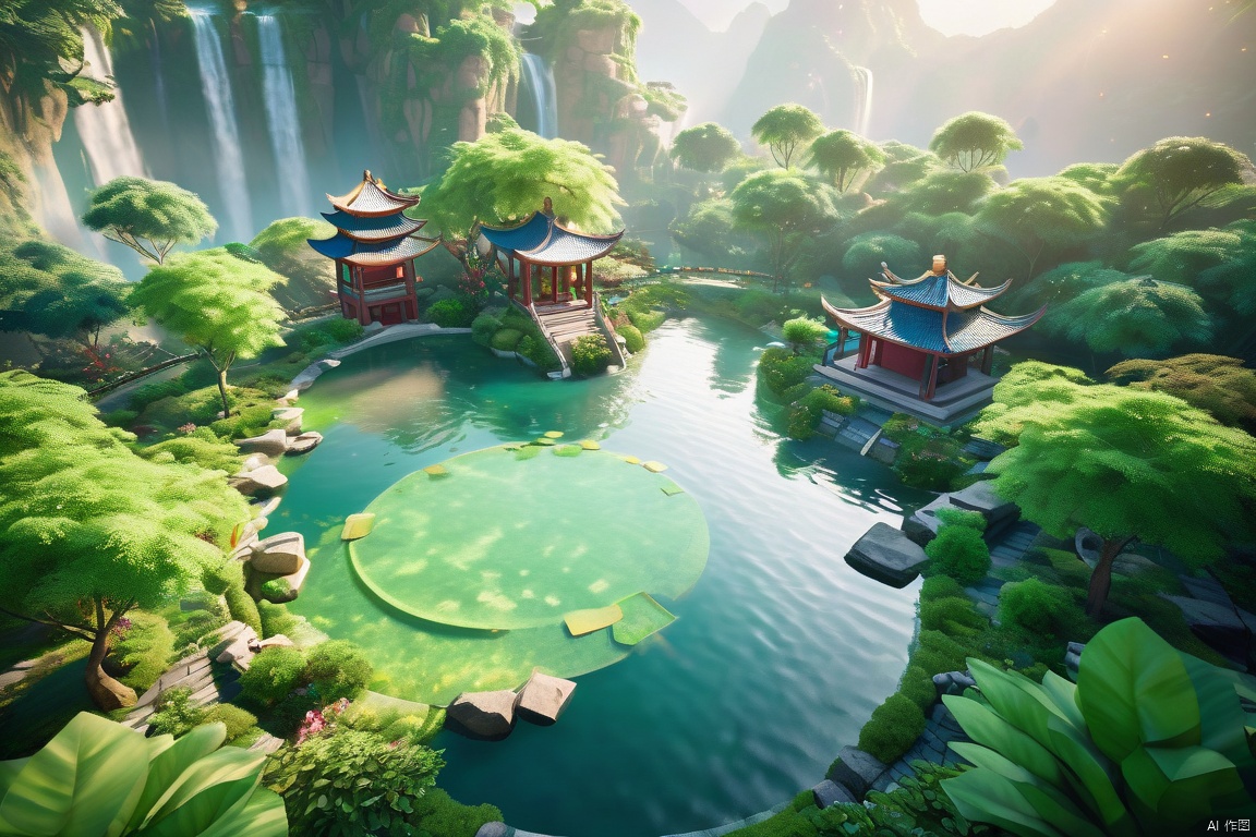 A diamond shaped island with Chinese style courtyard and pond suspended in the air, covered in green plants, with vines and waterfalls descending from the island to the sky below, overlooking,from above,morning, Glowing ambiance, enchanting radiance, luminous lighting, ethereal atmosphere, evocative hues, captivating coloration, dramatic lighting, enchanting aura, masterpiece, best quality, epic cinematic, soft nature lights, rim light, amazing, hyper detailed, ultra realistic, soft colors, photorealistic, Ray tracing, Cinematic Light, light source contrast,