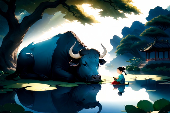  (an ancient Chinese child and a water buffalo,  sleeping in shadow of a big tree, some lotus in pond, afternoon,summer, Glowing ambiance, enchanting radiance, luminous lighting, ethereal atmosphere, evocative hues, captivating coloration, dramatic lighting, enchanting aura, masterpiece, best quality, epic cinematic, soft nature lights, rim light, amazing, hyper detailed, ultra realistic, soft colors, photorealistic, Ray tracing, Cinematic Light, light source contrast, blue and white porcelain, 