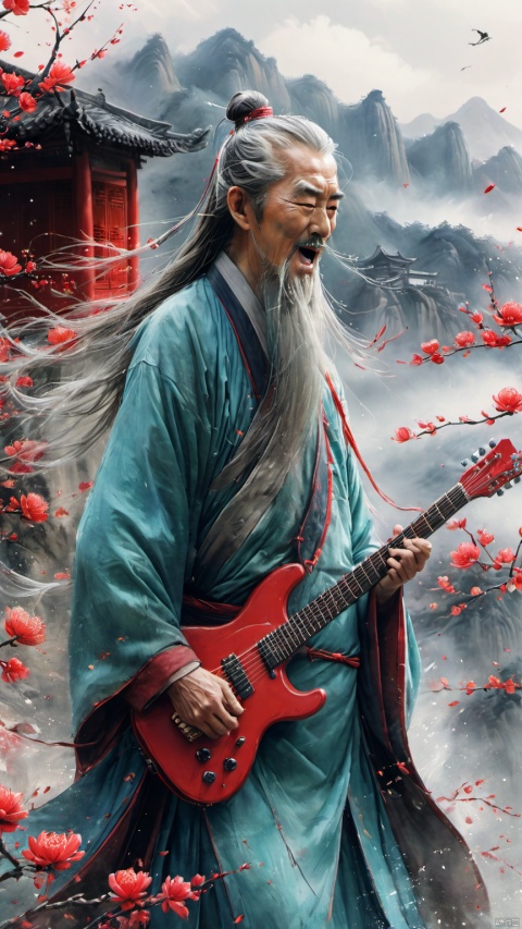 chinese waterink,monochrome,a chinese old male with long gray facial hair,(((upper body))),playing red ((electric)) guitar,close range,close_up of head,wearing cyan hanfu,gray hair,detailed face,bent over,shouting,yelling,(((looking_at_viewer))),chinese classical house and green mountain and red flowers and sky  background,hyperrealism,ultra high res,4K,Best quality,masterpiece,ananmo