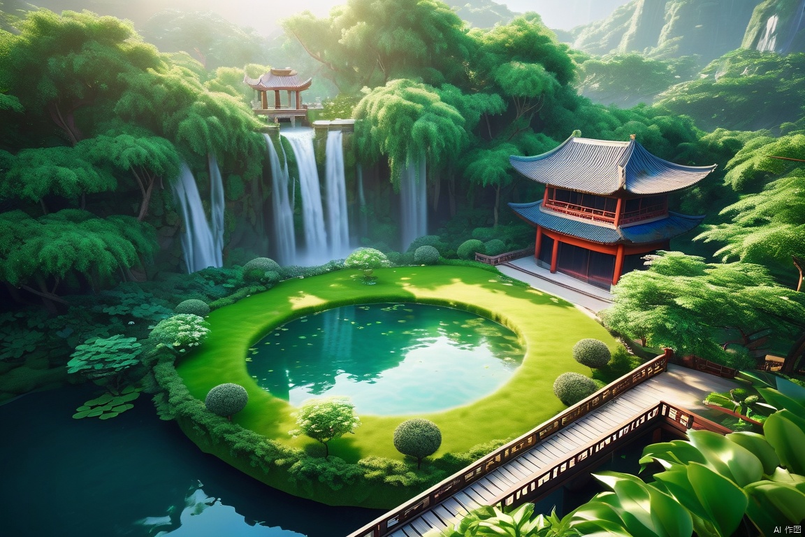 A diamond shaped island suspended in the air, covered in green plants, with vines and waterfalls descending from the island to the sky below,there is a Chinese style courtyard and pond on the island,  overlooking,from above,morning, Glowing ambiance, enchanting radiance, luminous lighting, ethereal atmosphere, evocative hues, captivating coloration, dramatic lighting, enchanting aura, masterpiece, best quality, epic cinematic, soft nature lights, rim light, amazing, hyper detailed, ultra realistic, soft colors, photorealistic, Ray tracing, Cinematic Light, light source contrast,
