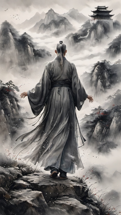  chinese waterink,monochrome,a chinese old male with long gray facial hair,floating gray hair,standing on mountaintop,close up,wearing floating hanfu,from below,rise arms,chinese classical house and mountain and sky background,hyperrealism,ultra high res,4K,Best quality,masterpiece,ananmo