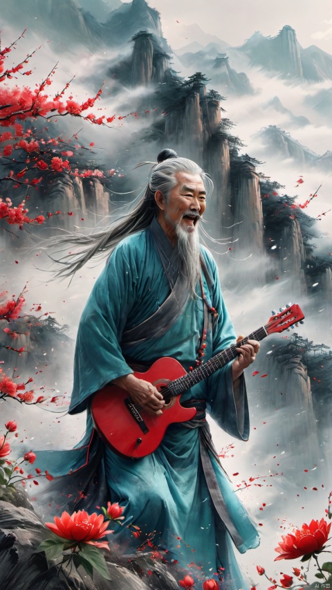 chinese waterink,monochrome,a chinese old male with long gray facial hair,playing red ((electric)) guitar,crazy shouting,detailed face,colse up,upper body,wearing cyan hanfu,floating gray hair,lean back,from below,chinese classical house and green mountain and red flowers and sky  background,hyperrealism,ultra high res,4K,Best quality,masterpiece,ananmo
