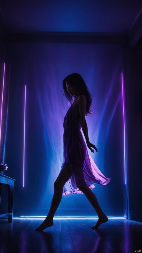 silhouette of a lonely chinese girl dancing ,rise arms,floating hair, brown silk short nightgown,purple and blue neon lights  , very dark bedroom background,ethereal atmosphere, evocative hues, captivating coloration, dramatic lighting, masterpiece, best quality, epic cinematic, amazing, hyper detailed,  Ray tracing, strong contrast, spread legs
