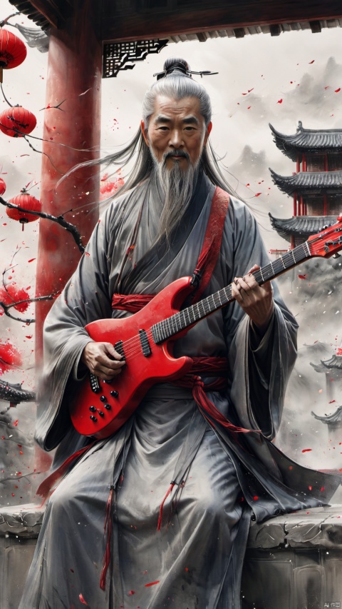  chinese waterink,monochrome,a chinese old male with long gray facial hair,playing a red electric guitar,floating gray hair,undercut,close up of head,wearing hanfu,from below,looking_at_viewer,chinese classical house background,hyperrealism,ultra high res,4K,Best quality,masterpiece,ananmo