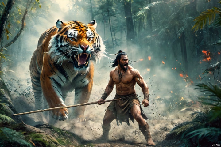 a primitive man wielding a wood stick, attacking a huge tiger,detailed face, angry expression, roaring, in the primitive forest, bright scenes, epic science fiction movie style, real photos, ultra clear, movie lighting effects