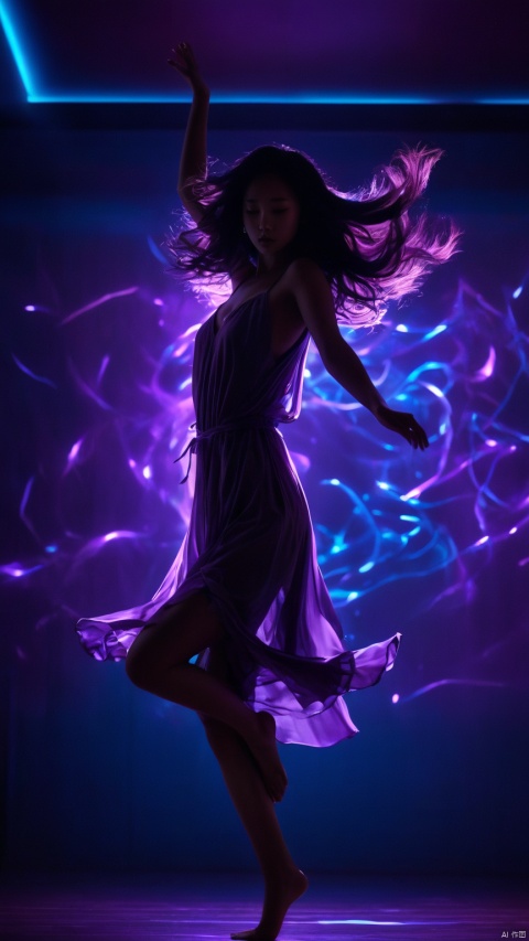 silhouette of a lonely chinese girl dancing ,rise arms,floating hair, brown silk short nightgown,purple and blue neon lights  , very dark bedroom background,ethereal atmosphere, evocative hues, captivating coloration, dramatic lighting, masterpiece, best quality, epic cinematic, amazing, hyper detailed,  Ray tracing, strong contrast, ,bailing_matte