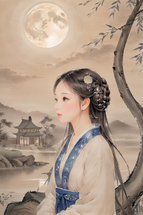  chinese waterink,monochrome,close-up of 1girl supporting the willow tree,(willow tree),evening,moon and cloud in sky,detailed face,upper_body,wearing hanfu,floating hair,,chinese classical house background,outdoor,hyperrealism,ultra high res,4K,Best quality,masterpiece,  3dIcon