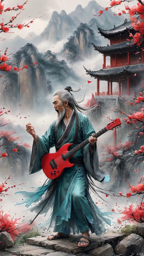 chinese waterink,monochrome,a chinese male with long gray facial hair,playing a red electric guitar,crazy shouting,upper body,floating gray hair,bare muscular arms,bare_shoulders , wearing cyan floating hanfu,opened clothes,from below,standing on wood stage,chinese classical house and green mountain and red flowers and sky  background,hyperrealism,ultra high res,4K,Best quality,masterpiece,ananmo