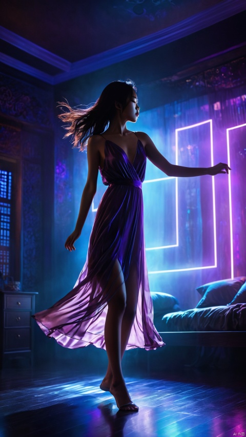 silhouette of a lonely chinese girl dancing ,rise arms,floating hair, brown silk short night_gown,purple and blue neon lights  , very dark bedroom background,ethereal atmosphere, evocative hues, captivating coloration, dramatic lighting, masterpiece, best quality, epic cinematic, amazing, hyper detailed,  Ray tracing, strong contrast,