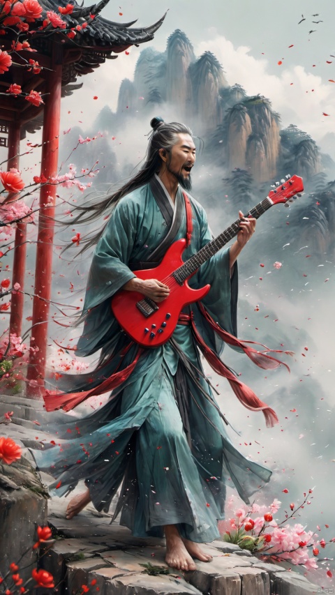 chinese waterink,monochrome,a wild chinese male with long facial hair,playing a red electric guitar,crazy shouting,upper body,floating gray hair,bare muscular arms,bare_shoulders , wearing cyan floating hanfu,opened clothes,from below,standing on wood stage,chinese classical house and green mountain and red flowers and sky  background,hyperrealism,ultra high res,4K,Best quality,masterpiece,ananmo