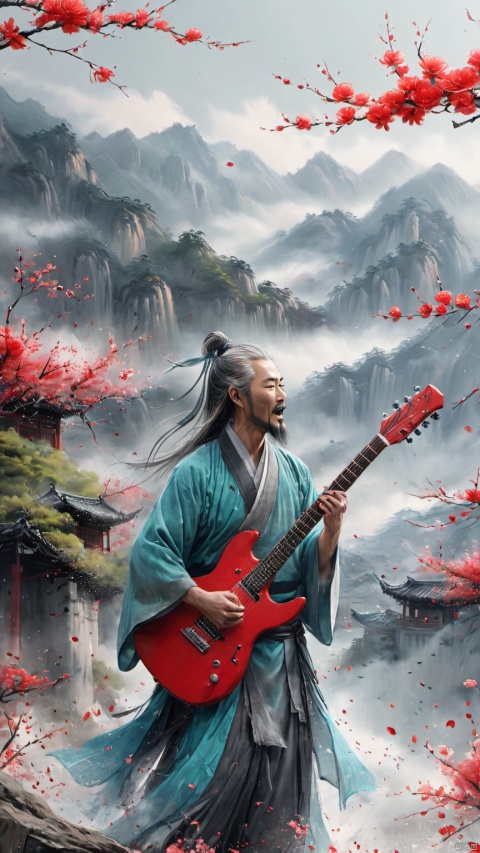 chinese waterink,monochrome,a chinese male with long facial hair,playing a red electric guitar,crazy shouting,upper body,floating gray hair,close up of head,wearing cyan floating hanfu,bare muscular arms,bare_shoulders , opened clothes,from below,standing on wood stage,chinese classical house and green mountain and red flowers and sky  background,hyperrealism,ultra high res,4K,Best quality,masterpiece,ananmo