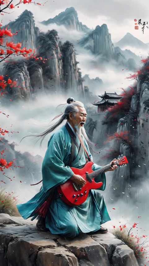 chinese waterink,monochrome,a strong chinese old male with long gray facial hair,playing red ((electric)) guitar,crazy shouting,detailed face,standing on rock stage,wearing cyan hanfu,floating gray hair,bent over,from side,far away,chinese classical house and green and red mountain and sky  background,hyperrealism,ultra high res,4K,Best quality,masterpiece,ananmo