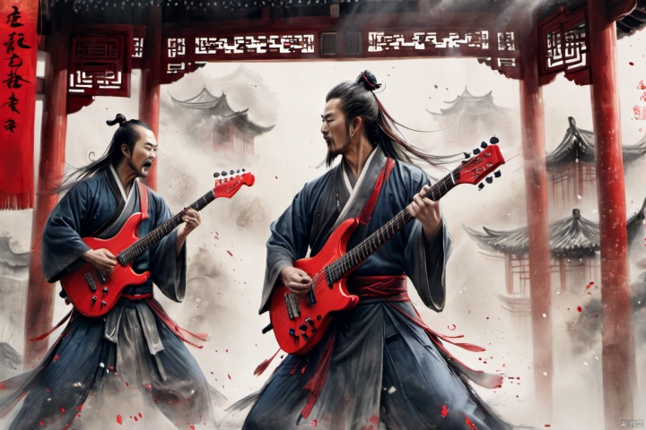  chinese waterink,monochrome,rock band,3 chinese muscular males with long facial hair,bare arms,playing red electric guitar,crazy shouting,standing on wood stage,wearing hanfu,floating hair,bent over,from below,chinese classical house background,hyperrealism,ultra high res,4K,Best quality,masterpiece,ananmo