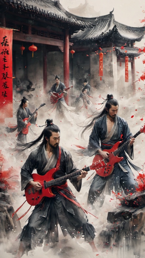  chinese waterink,monochrome,close-up of rock band,3 chinese strong males with long facial hair,bare muscular arms,bare_shoulders , opened clothes,playing red electric guitar,crazy shouting,detailed face,upper_body,standing on wood stage,wearing hanfu,floating hair,bent over,from below,chinese classical house background,hyperrealism,ultra high res,4K,Best quality,masterpiece,ananmo