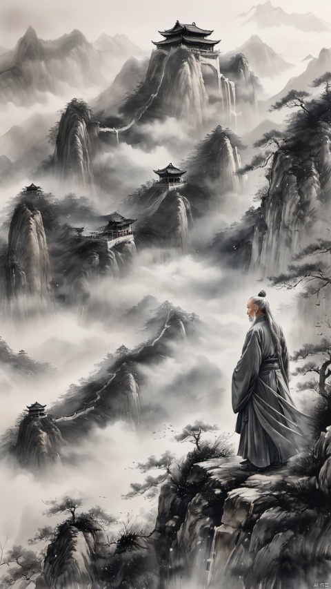  chinese waterink,monochrome,a chinese old male with long gray facial hair,floating gray hair,standing on mountaintop,close up,wearing floating hanfu,from below,chinese classical house and mountain and sky background,hyperrealism,ultra high res,4K,Best quality,masterpiece,ananmo