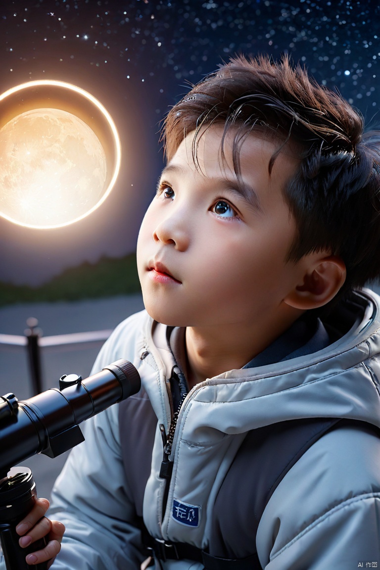  a chinese little boy,curious,surprised,happy,detailed face and eyes,upper body, watching the starry sky by a portable astronomical telescope ,full body,from_below, Glowing ambiance, enchanting radiance, luminous lighting, ethereal atmosphere, evocative hues, captivating coloration, dramatic lighting, enchanting aura, masterpiece, best quality, epic cinematic, soft nature lights, rim light, amazing, hyper detailed, ultra realistic, soft colors, photorealistic, Ray tracing, Cinematic Light, light source contrast