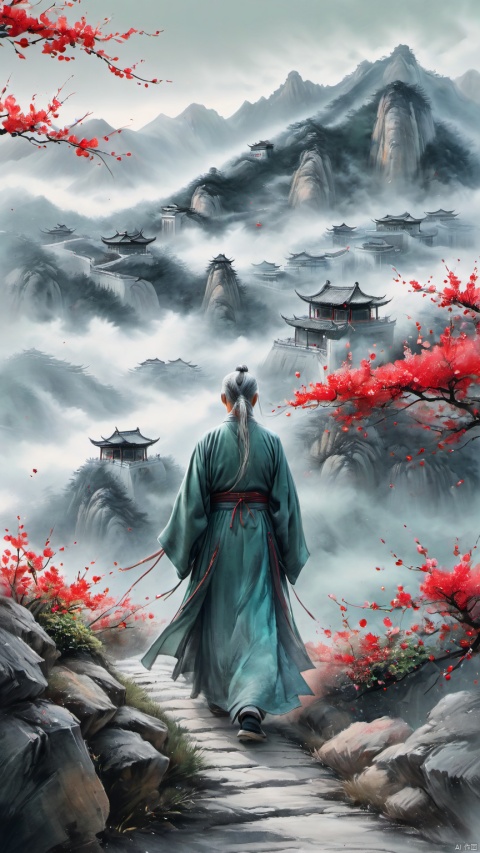  chinese waterink,monochrome,a chinese old male with long gray facial hair,floating gray hair, walking on mountain,from back,wearing cyan floating hanfu,chinese classical house and green mountain and red flowers and sky background,hyperrealism,ultra high res,4K,Best quality,masterpiece,ananmo
