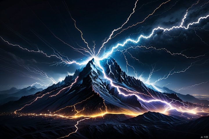  Unreal mountain contour profile  composed of dots and lines, non physical,science fiction,AI,dark background,composed of elements of thunder,thunder,electricity