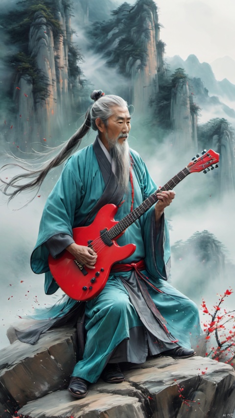 chinese waterink,monochrome,a strong chinese old male with long gray facial hair,playing a red ((electric)) guitar,crazy,standing on rock stage,wearing cyan hanfu,floating gray hair,from side,close up,upper body,chinese classical house and green and red mountain and sky  background,hyperrealism,ultra high res,4K,Best quality,masterpiece,ananmo