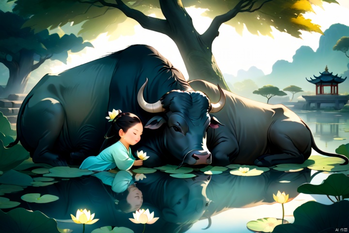  (an ancient Chinese child and a water buffalo,  sleeping in shadow of a big tree, some lotus in pond, afternoon,summer, Glowing ambiance, enchanting radiance, luminous lighting, ethereal atmosphere, evocative hues, captivating coloration, dramatic lighting, enchanting aura, masterpiece, best quality, epic cinematic, soft nature lights, rim light, amazing, hyper detailed, ultra realistic, soft colors, photorealistic, Ray tracing, Cinematic Light, light source contrast, 