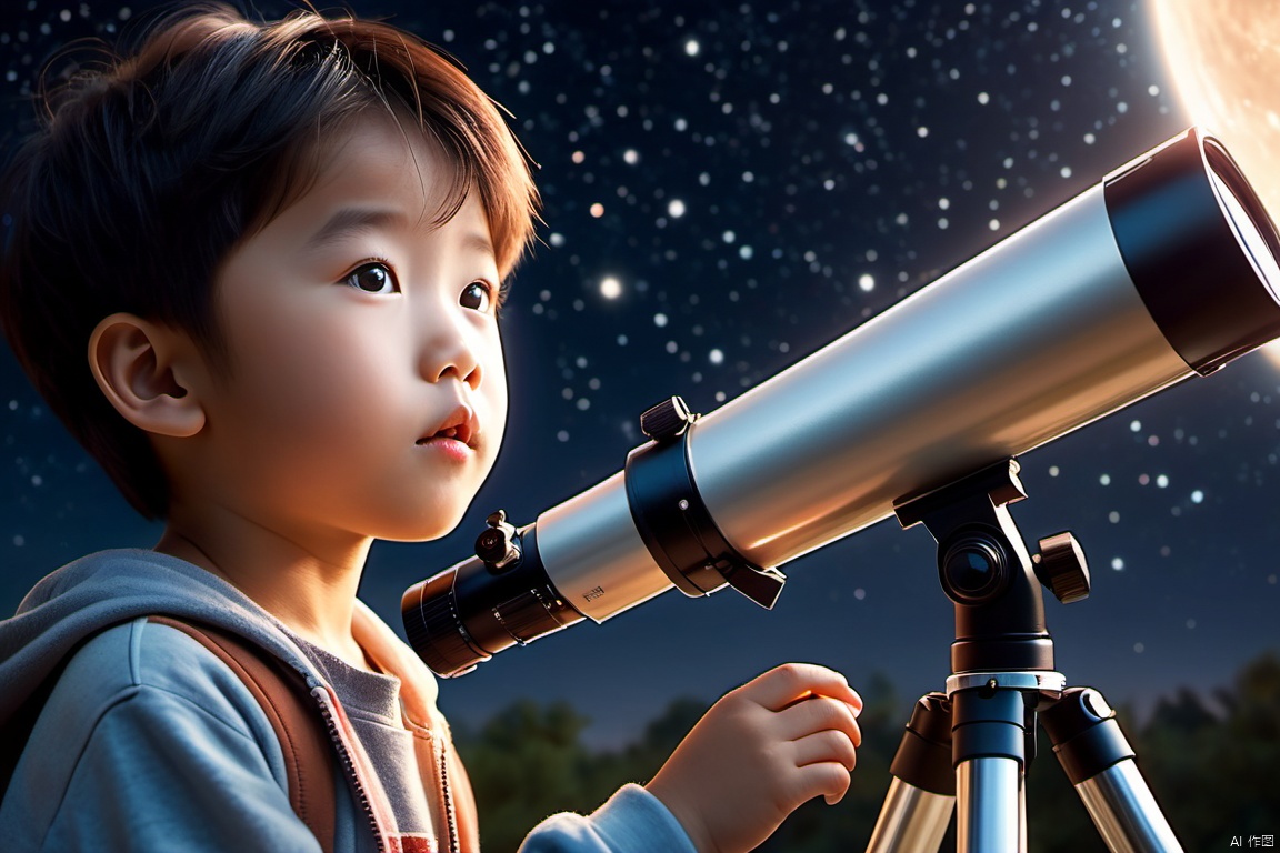  a chinese little boy,curious,surprised,happy,detailed face and eyes, watching the starry sky by a portable astronomical telescope ,full body,from_below, Glowing ambiance, enchanting radiance, luminous lighting, ethereal atmosphere, evocative hues, captivating coloration, dramatic lighting, enchanting aura, masterpiece, best quality, epic cinematic, soft nature lights, rim light, amazing, hyper detailed, ultra realistic, soft colors, photorealistic, Ray tracing, Cinematic Light, light source contrast